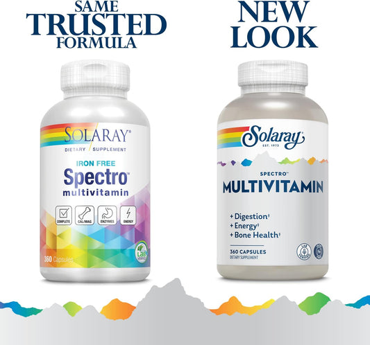 Solaray Spectro Multivitamin, W/No Iron, Cal/Mag, Energizing Greens & Herbs W/Digestive Enzyme (60 Serv, 360 Ct)