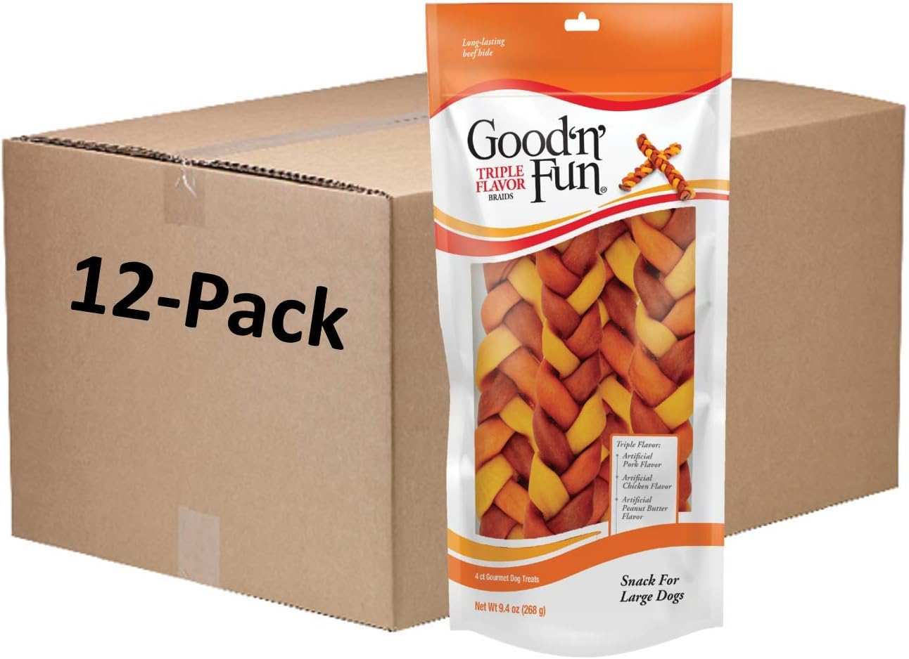 Good'N'Fun Triple Flavor 9" Rawhide Braid 4 Ct, Pack Of 12, P-94290