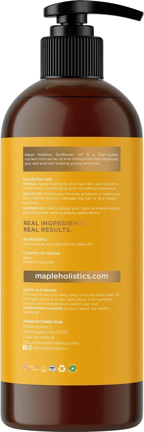 Sunflower Oil for Hair Skin and Nails - Aromatherapy Carrier Oil for Essential Oils Mixing and Hair Oil - Body Oil Cleanser for Face Anti Aging Skin Care and Moisturizing Body Oil for Dry Skin 16oz : Health & Household