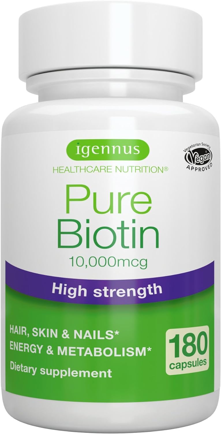 Pure Biotin 10,000Mcg, Extra Strength Biotin, 180 Small Easy To Swallow Capsules, Vitamin B7, Clean Label, Lab Verified, & Vegan & Hypoallergenic, No After Taste Or Smell, By Igennus