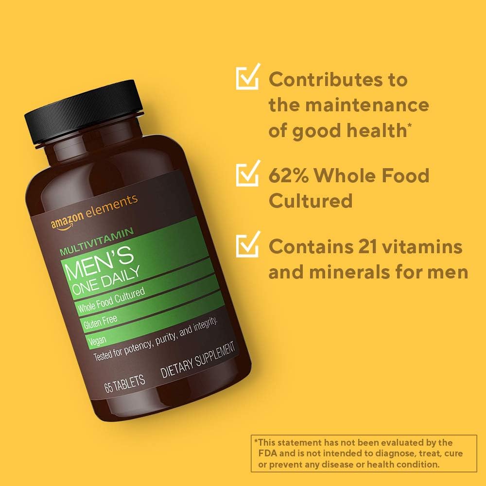 Amazon Elements Men’s One Daily Multivitamin, 62% Whole Food Cultured, Vegan, 65 Tablets, 2 month supply (Packaging may vary) : Health & Household