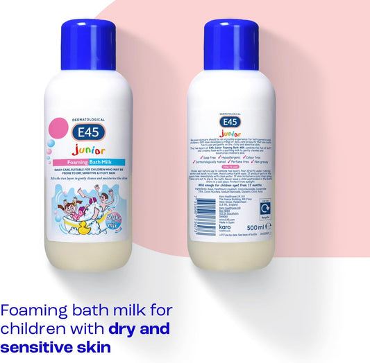 E45 Dermatological Junior Foaming Bath Milk 500 ml – Bath Foam for Kids - Soap-Free Body Wash to Protect and Moisturise Dry and Sensitive Skin – Soothe Itching and Irritation - Dermatitis Eczema Cream