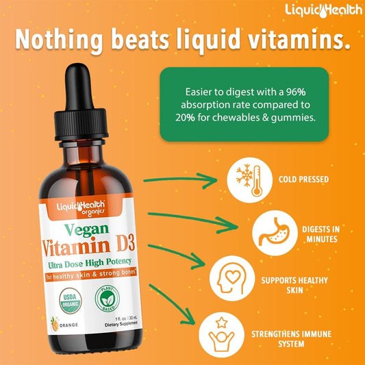 Liquidhealth Liquid Vitamin D3 5000 Iu, Organic Vitamin D Liquid Drops, Adults & Kids, Vegan Liquid Vitamin D For Immune Support, Bone Health, Mood Support - 1 Oz