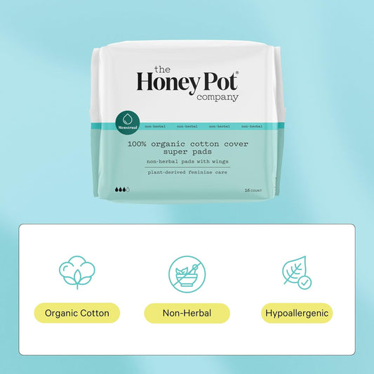 The Honey Pot Company - Non-Herbal Super Absorbency Pads with Wings - Organic Pads for Women - Cotton Cover, & Ultra-Absorbent Pulp Core - Feminine Care - 16 ct