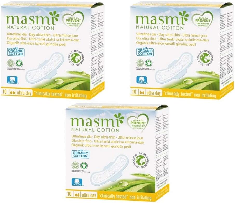 Masmi Organic Ultra Thin Day Pads With Wings Individually Wrapped Certified Organic Cotton Hypoallergenic Biodegradable Perfume Viscose Rayon Chlorine And Dioxin Free… (Triple Pack)