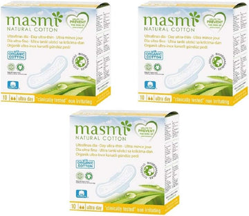 Masmi Organic Ultra Thin Day Pads With Wings Individually Wrapped Certified Organic Cotton Hypoallergenic Biodegradable Perfume Viscose Rayon Chlorine And Dioxin Free… (Triple Pack)