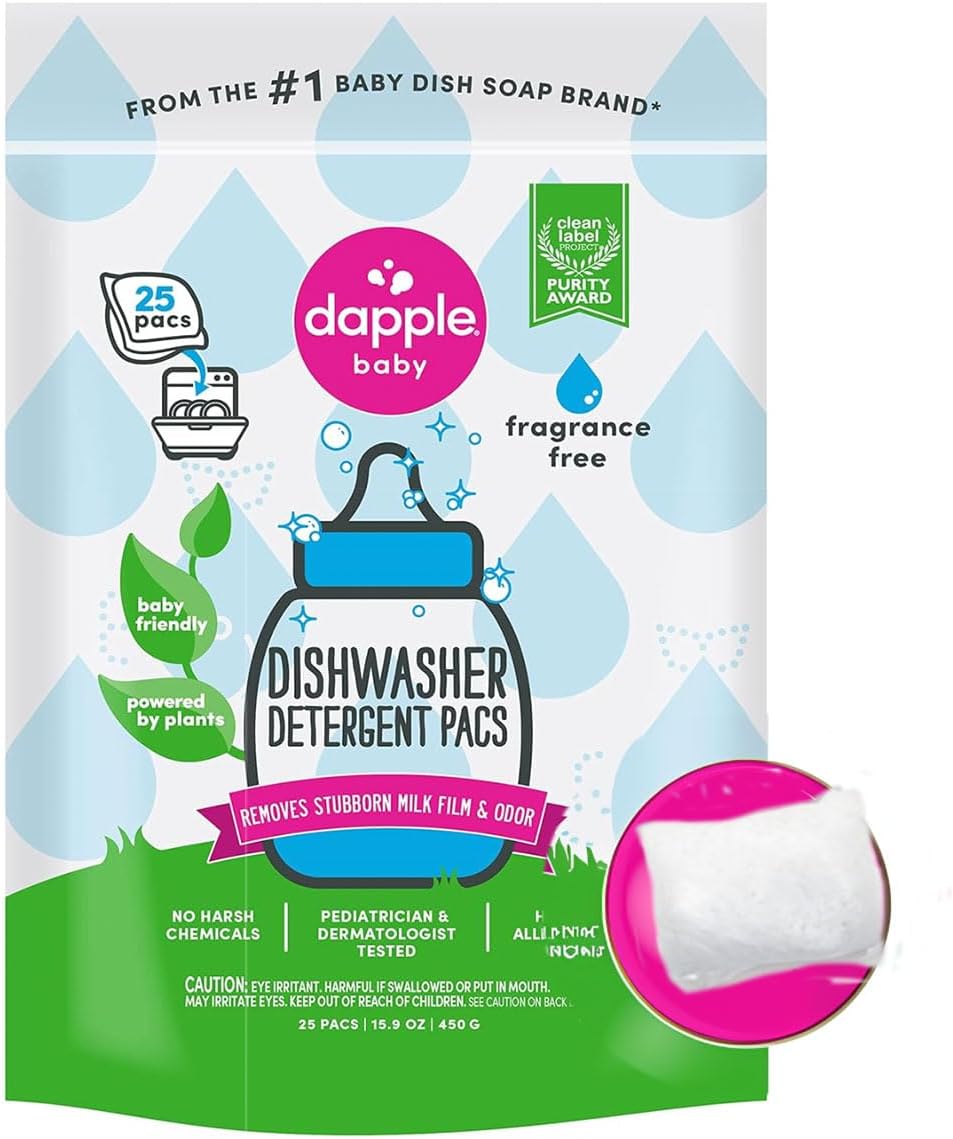 DAPPLE Baby Dishwasher Pacs, Fragrance Free Dishwasher Pods, Plant Based, Hypoallergenic, 25 Count