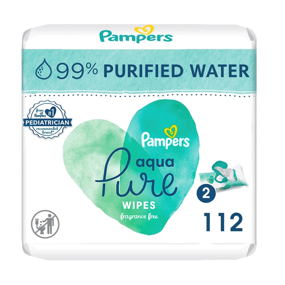 Pampers Aqua Pure Sensitive Baby Wipes, 99% Water, Hypoallergenic, Unscented Baby Wipes, 112 Baby Wipes Total (2 Flip-Top Packs)