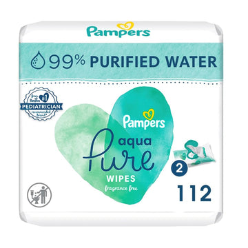 Pampers Aqua Pure Sensitive Baby Wipes, 99% Water, Hypoallergenic, Unscented Baby Wipes, 112 Baby Wipes Total (2 Flip-Top Packs)