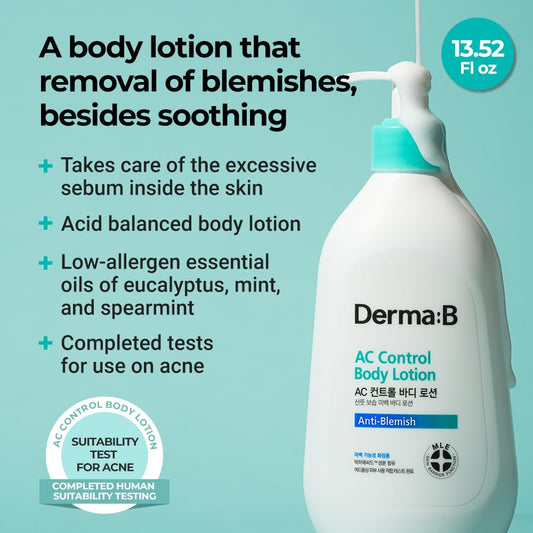 Derma B Ac Control Body Lotion 400Ml,13.52 Fl.Oz, Anti-Blemish & Pimples Care, Water-Oil Control, Hypoallergenic Trouble Solution For All Skin Types, Soothing & Refreshing Lotion, Korean Skincare