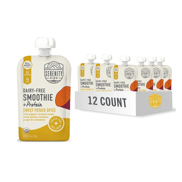 Serenity Kids 6+ Months Dairy-Free Smoothie Baby Food | Usda Organic | Grass Fed Collagen Protein | 3.5 Ounce Bpa-Free Pouch | Sweet Potato Spice | 12 Count