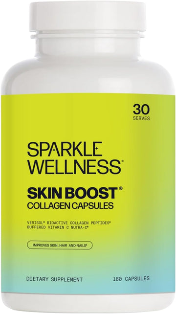 Sparkle Wellness Skin Boost Collagen Capsules (180 Pills) | 30 Days Of 2500Mg Verisol Collagen Peptides & Vitamin C | Improves Skin Elasticity & Appearance Of Fine Lines | Strengthens Hair & Nails