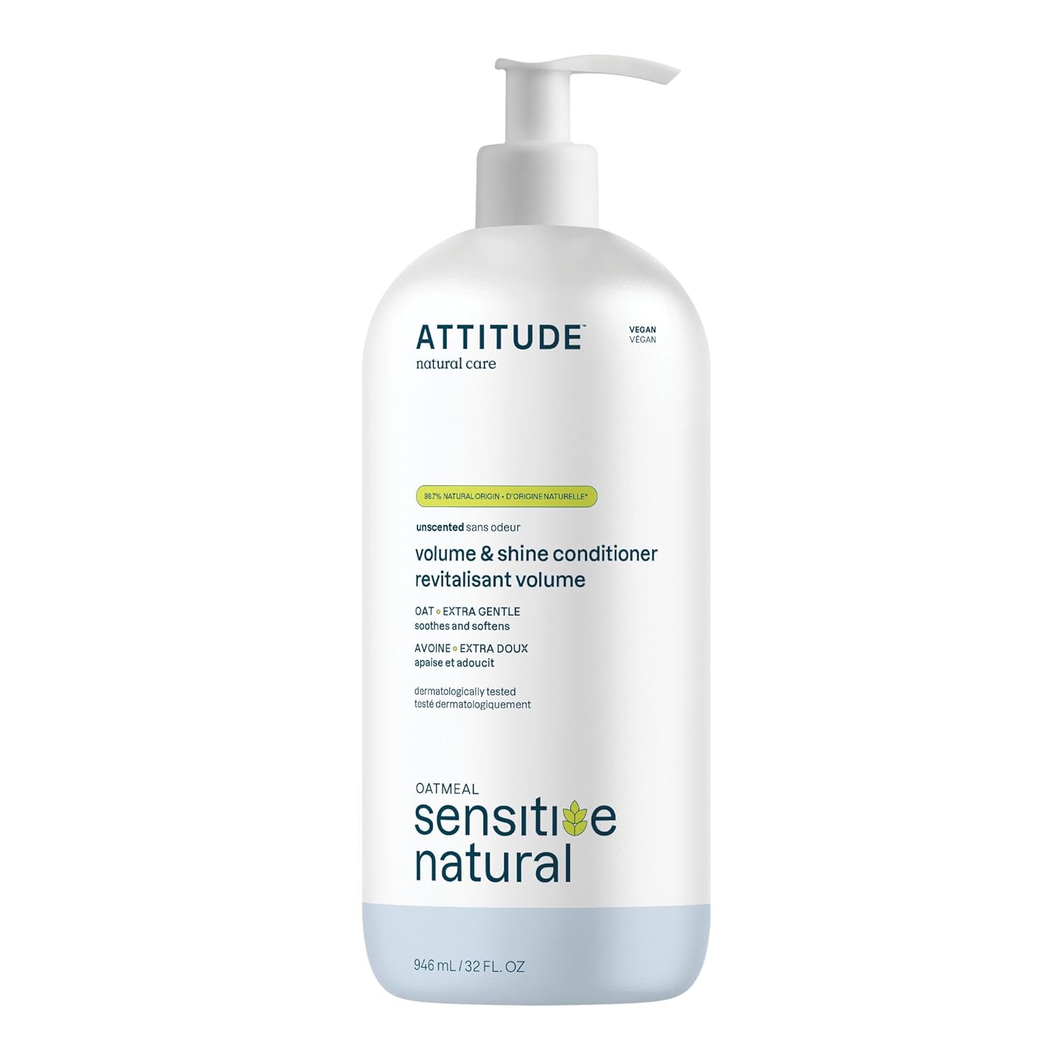 Attitude Hair Conditioner For Sensitive Dry Scalp, Soothing Oat, Naturally Derived Ingredients, Dermatologically Tested, Vegan Detangler, Extra Gentle, Unscented, 32 Fl Oz