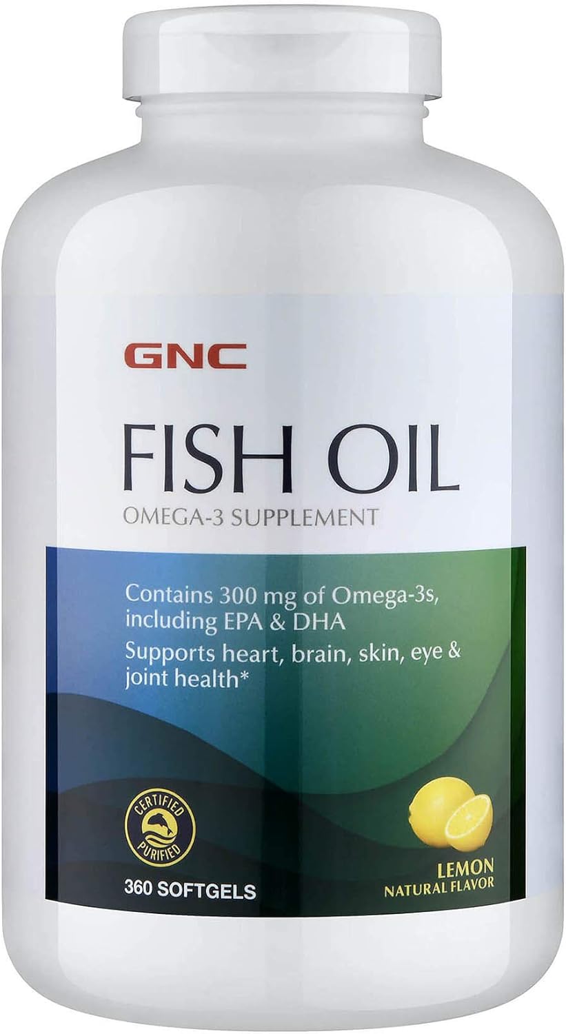 Gnc Fish Oil Omega 3 Supplement, 300Mg Epa And Dha, Lemon Flavor, Supports Heart, Brain, Skin, Eye And Joint Health, 360 Softgels, 360 Servings : Health & Household