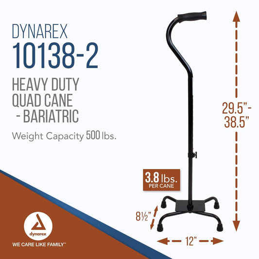 Dynarex Quad Cane Bariatric, Large Base, Provides Maximum Mobility Support In A Stable One-Hand Walking Aid, 500 Pound Weight Capacity, Black, 2 Canes