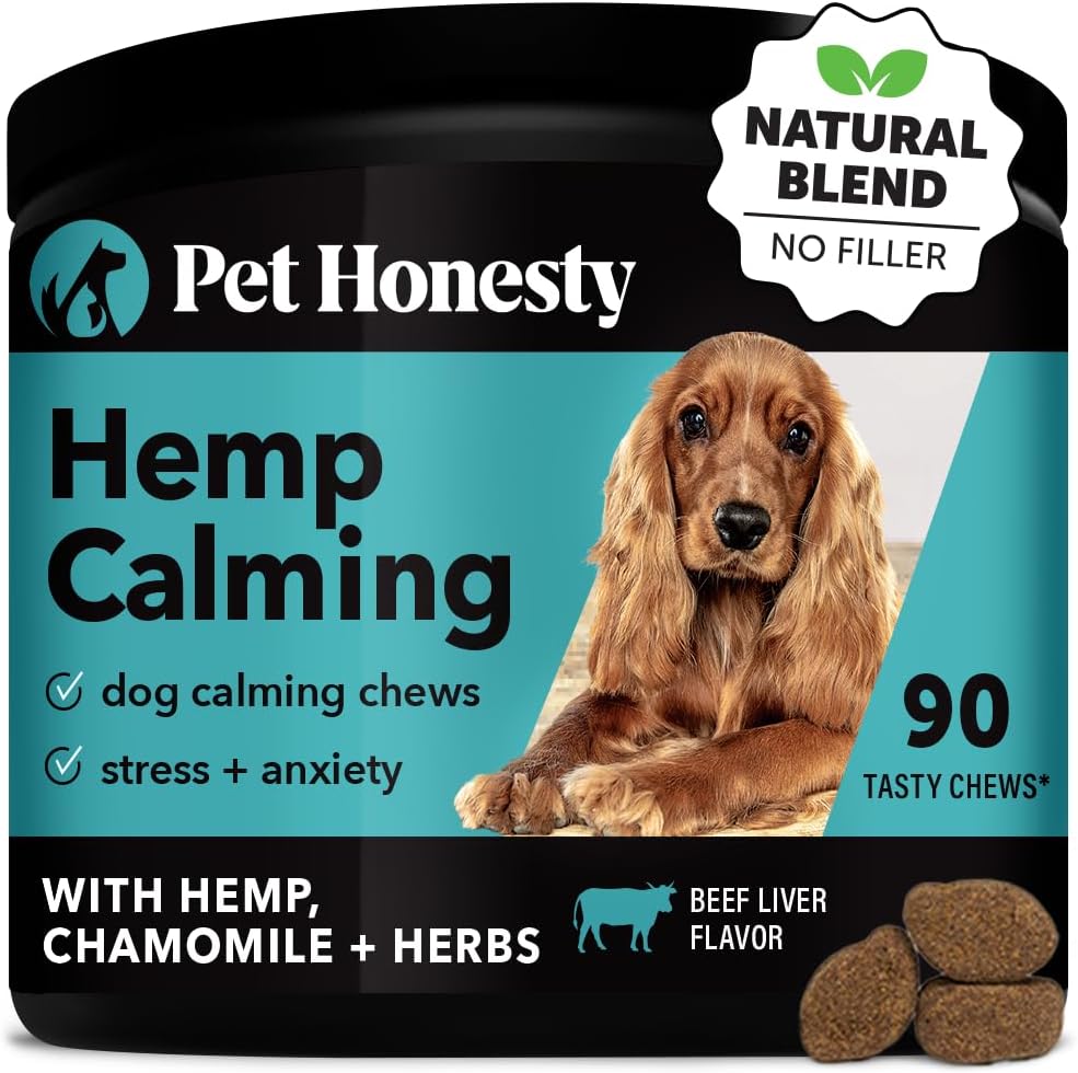 Pet Honesty Hemp Calming Chews for Dogs - Dog Anxiety Relief, Dog Calming Treats with Hemp + Valerian Root, Melatonin for Dogs - Helps Aid with Thunder, Fireworks, Chewing & Barking (Beef Liver)