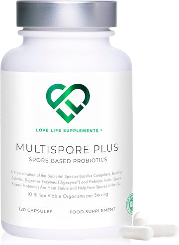 Multispore® Plus Probiotics, 4 Month Supply - 120 Capsules, Bacillus Coagulans & Bacillus Subtilis Spore Based Probiotic, Bloating Relief/Gut Health, With Digestive Enzymes & Prebiotic Inulin, Uk Made