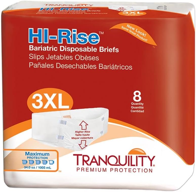 Tranquility Bariatric Hi-Rise Disposable Briefs, 3X-Large, High Waistline With Peach Mat Core & Secure Kufguard Technology For Skin Integrity, Latex-Free, 34Oz Capacity, 8Ct Bag