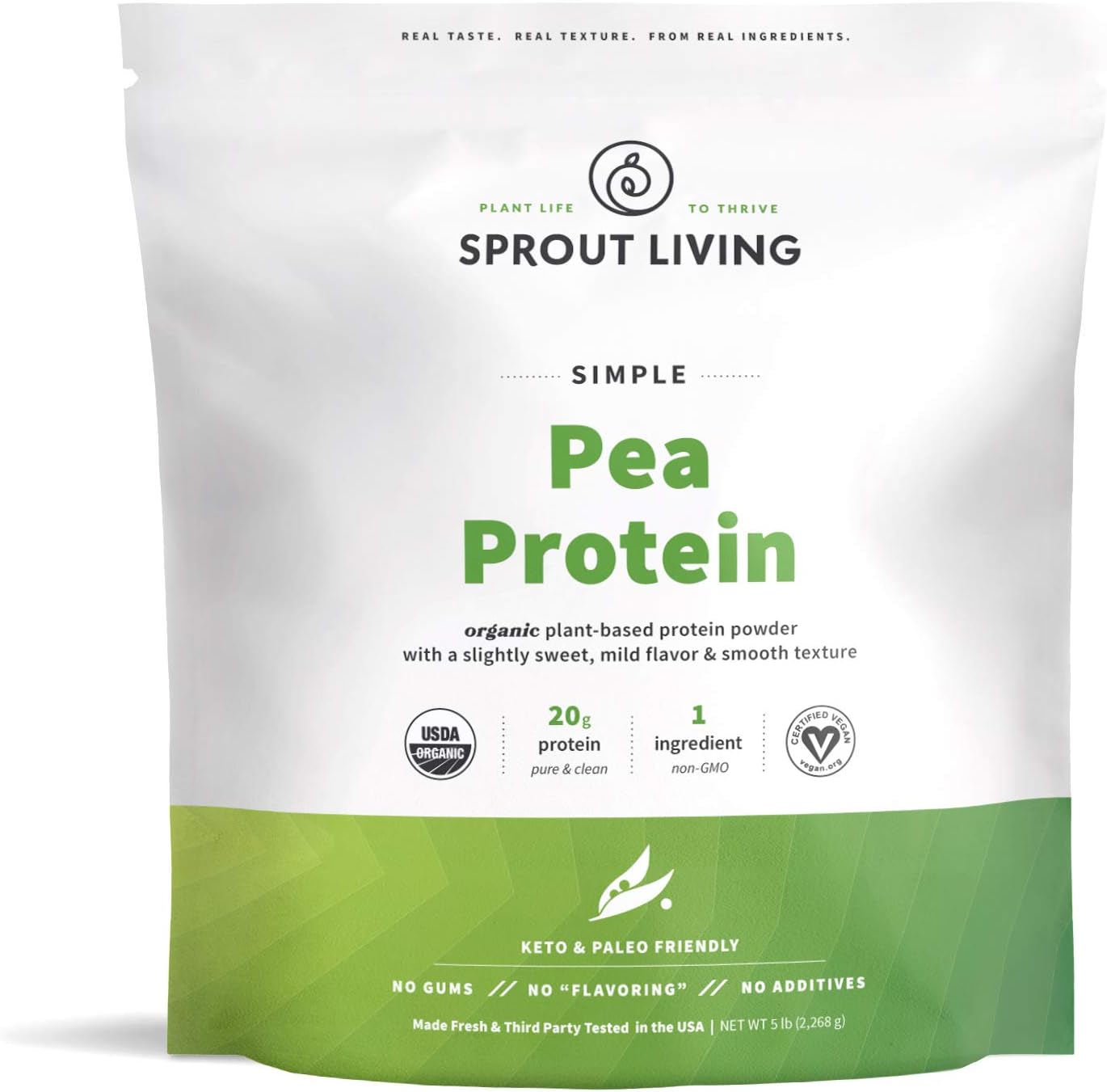 Sprout Living Organic Pea Protein Powder, 20 Grams Of Plant Based Organic Protein Powder Without Artificial Sweeteners, Non Dairy, Non-Gmo, Dairy Free, Vegan, Gluten Free, Keto Drink Mix (5 Pound)