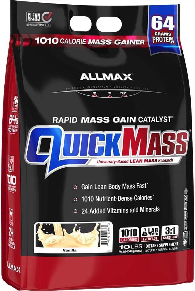 Allmax Quickmass, Vanilla - 10 Lb - Rapid Mass Gain Catalyst - Up To 64 Grams Of Protein Per Serving - 3:1 Carb To Protein Ratio - Zero Trans Fat - Up To 70 Servings