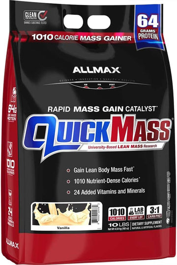 Allmax Quickmass, Vanilla - 10 Lb - Rapid Mass Gain Catalyst - Up To 64 Grams Of Protein Per Serving - 3:1 Carb To Protein Ratio - Zero Trans Fat - Up To 70 Servings