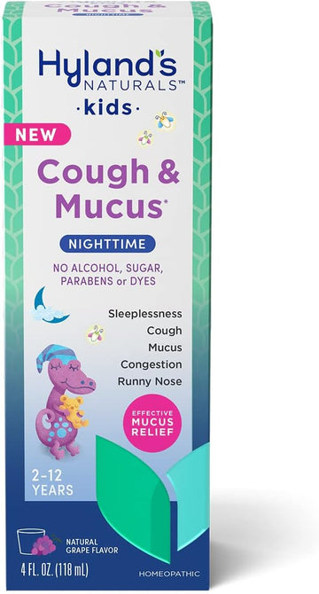 Hyland'S Kids Nighttime Cough Syrup & Mucus Relief, Kids Cough Medicine For Ages 2-12, Grape Flavor, Natural Sleep Aid, Cough, Runny Nose, Mucus & Congestion, Ounces