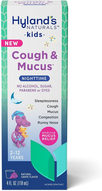 Hyland's Naturals Kids Cough & Mucus Nighttime, Kids Cough Medicine for ages 2-12, Grape Flavor, Natural Relief of Sleeplessness, Cough, Runny Nose, Mucus & Congestion, 4 Ounces