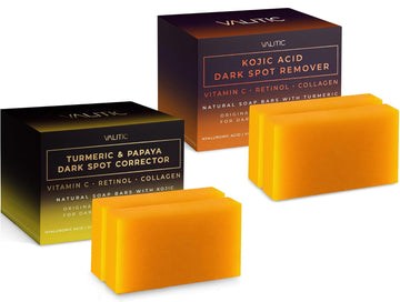 Valitic Papaya And Turmeric Kojic Acid Soap Bar - Dark Spot Corrector Skin Care Cleansing Bar - Infused With Vitamin C, Hyaluronic Acid, Collagen - Papaya 2 Pack, Kojic Acid 2 Pack