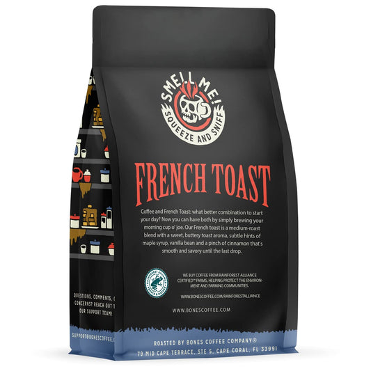 Bones Coffee Company French Toast Flavored Whole Coffee Beans Sweet & Buttery Flavor | 12 oz Medium Roast Arabica Low Acid Coffee | Gourmet Coffee (Whole Bean)