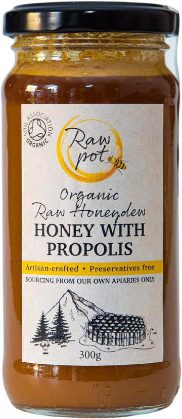 RAW POT - ORGANIC HONEYDEW HONEY WITH PROPOLIS - Natural Raw Pure Unpasteurised Honey Rich in Antioxidants for Immunity Support, Skin, Digestive Health | Smooth and Silky | For Kids And Adults (300g)