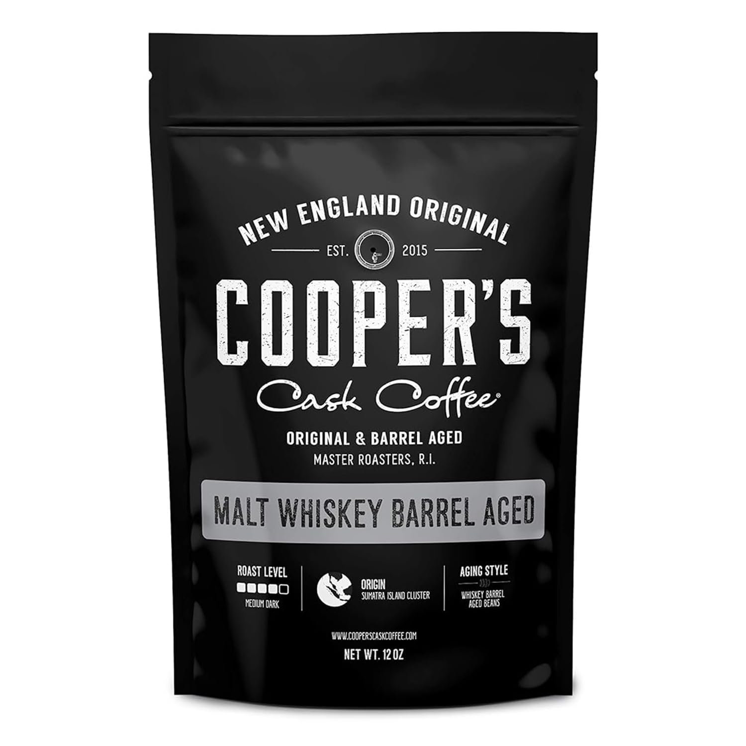 Whiskey Barrel Aged Coffee, Single-Origin Sumatra Beans Aged In American Malt Whiskey Barrels, Medium Dark Roast Whole Bean, 12 Oz