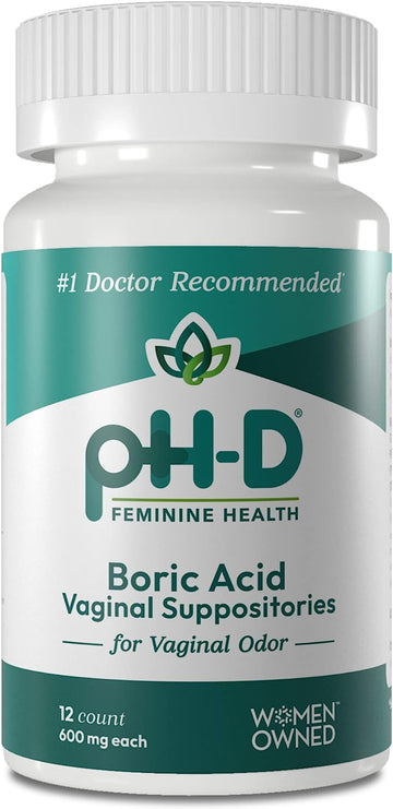 pH-D Feminine Health - 600 mg Boric Acid Suppositories - Woman Owned - for Vaginal Odor Use - 12 Count