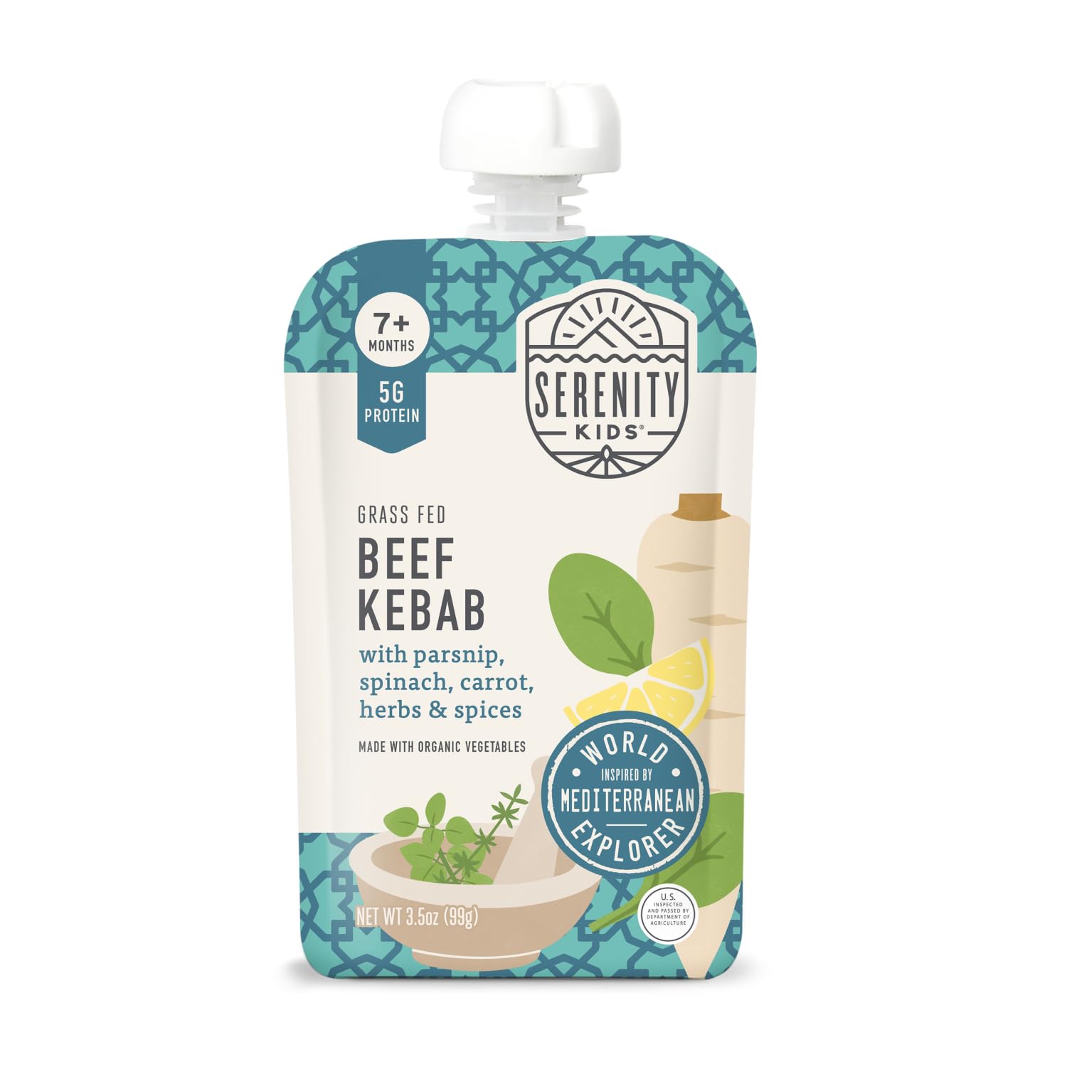 Serenity Kids 7+ Months World Explorers Baby Food Pouches Puree Made With Ethically Sourced Meats & Organic Veggies | 3.5 Ounce Bpa-Free Pouch | Beef Kebab | 6 Count