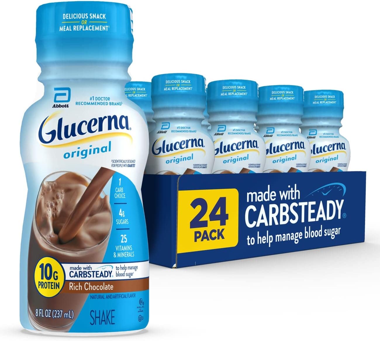 Glucerna Nutritional Shake, Diabetic Drink To Support Blood Sugar Management, 10G Protein, 180 Calories, Rich Chocolate, 8-Fl-Oz Bottle, 24 Count