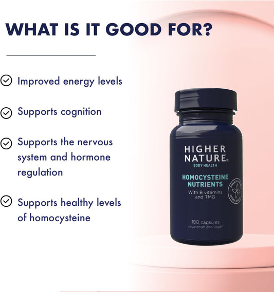 Higher Nature – Homocysteine Nutrients - H Factors - Improved Energy - Healthy homocysteine - Unique Blend of B Vitamins & TMG - Vegetarian & Vegan - 180 Capsules