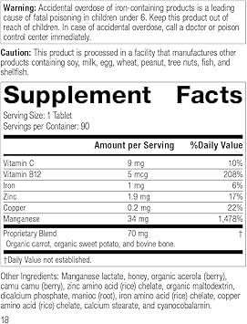 Standard Process Manganese B12 - Whole Food Hemoglobin And Antioxidant With Manganese, Organic Carrot, Maltodextrin, Copper, Organic Sweet Potato, Camu Camu, Vitamin B12-90 Tablets