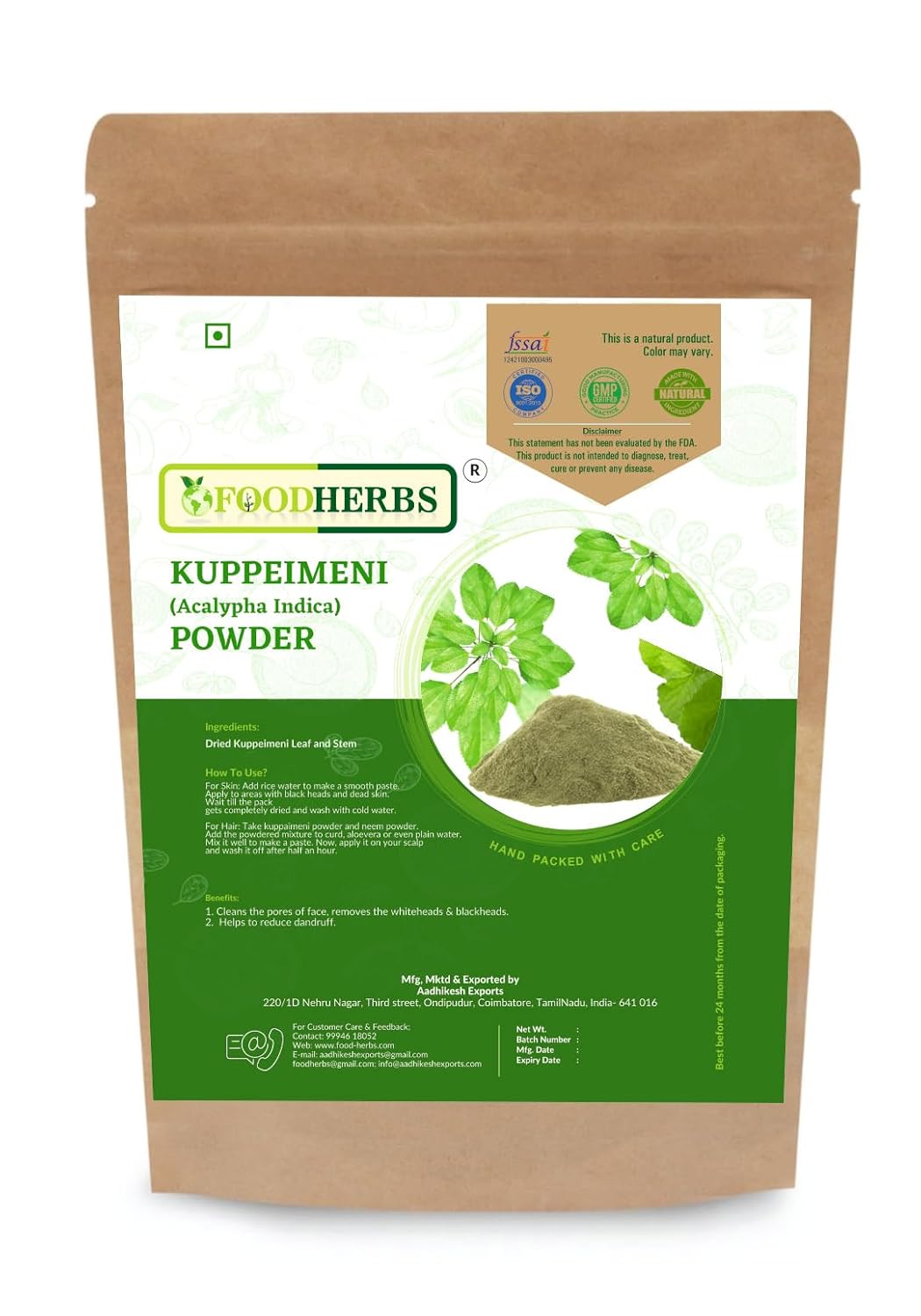 Foodherbs Kuppaimeni Powder | Natural Facial Hair Removal | 200 Gm/0.44 Lbs | Clear Skin | Acalypha Indica | Harita Manjari