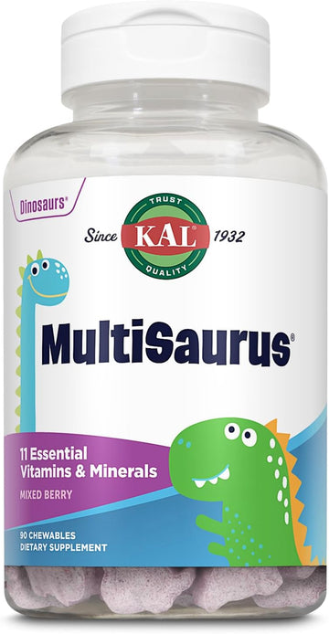 Kal Multisaurus Kids Chewable Multivitamins, 11 Essential Vitamins And Minerals For Kids, Mixed Berry Flavor, Gluten And Preservative Free, 90 Servings, 90 Dinosaur-Shaped Chewables