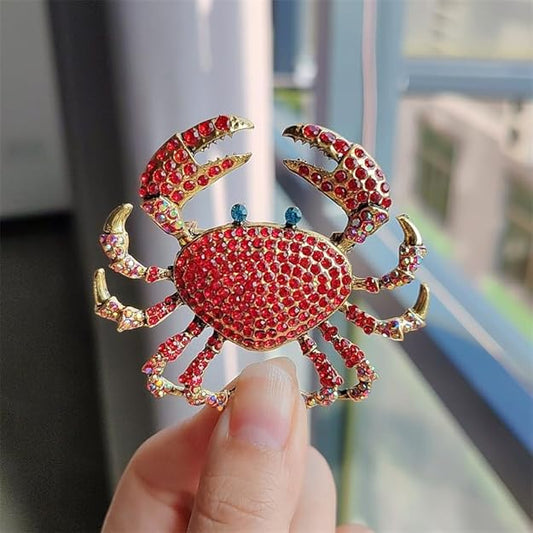 Rhinestone Crab Brooch Pin for Women Girls -Gold Plated Fashion Crystal Marine Animal Brooches Lapel Pins Shiny Exaggerated (Red&Blue)