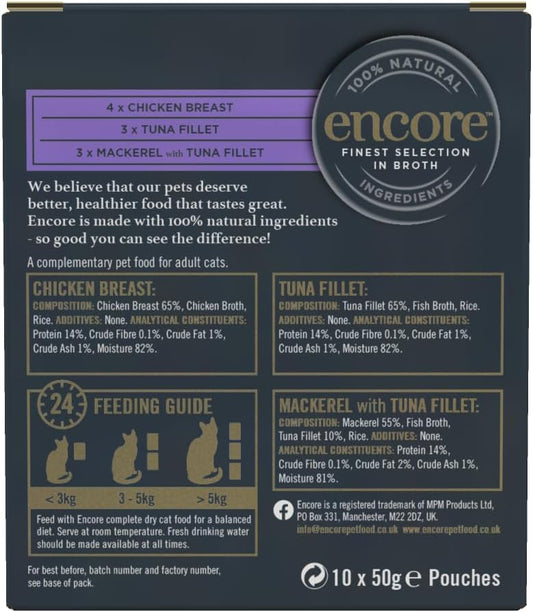 Encore 100 Percent Natural Wet Cat Food Pouch, Chicken and Fish Selection in Broth, 50g Pouch (Pack of 40 pouches)?ENC8119-1EN