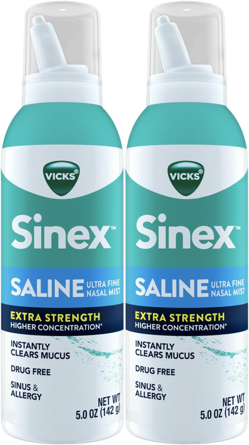 Vicks Sinex Saline Extra Strength Nasal Spray, 3X Concentrated* Drug Free Ultra Fine Mist, Instantly Clears Mucus, Ultra Concentrated To Clear Congestion Fast, Safe For Daily Use, 5 Oz X 2