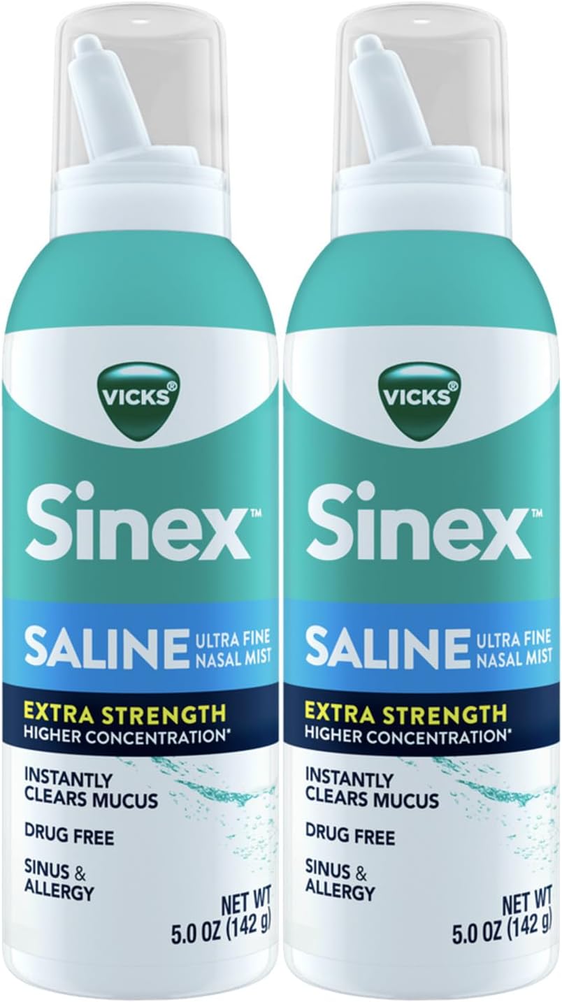 VICKS Sinex Saline Extra Strength Nasal Spray, 3X Concentrated* Drug Free Ultra Fine Mist, Instantly Clears Mucus, Ultra Concentrated to Clear Congestion Fast, Safe For Daily Use, 5 OZ x 2