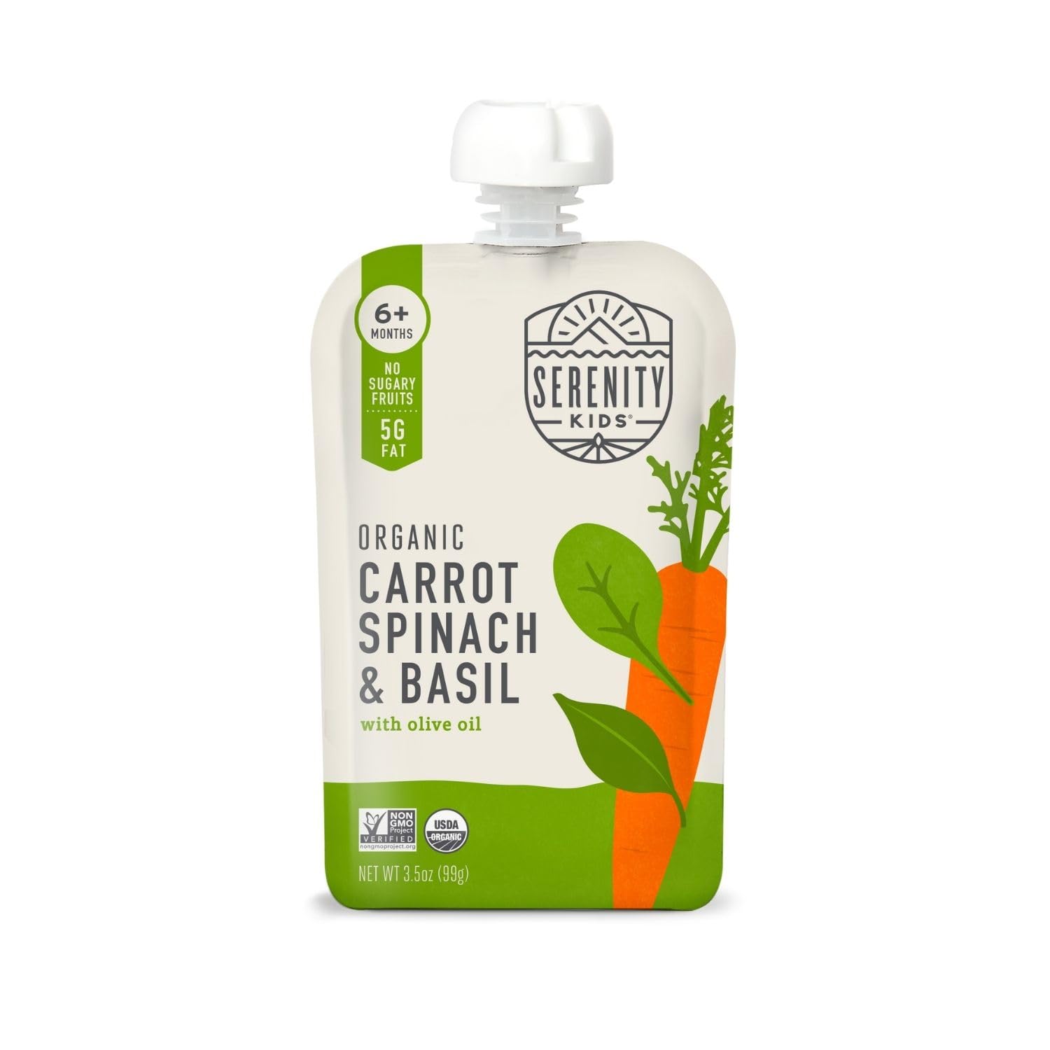 Serenity Kids 6+ Months Usda Organic Veggie Puree Baby Food Pouches | No Sugary Fruits Or Added Sugar | Allergen Free | 3.5 Ounce Bpa-Free Pouch | Carrot Spinach & Basil | 6 Count