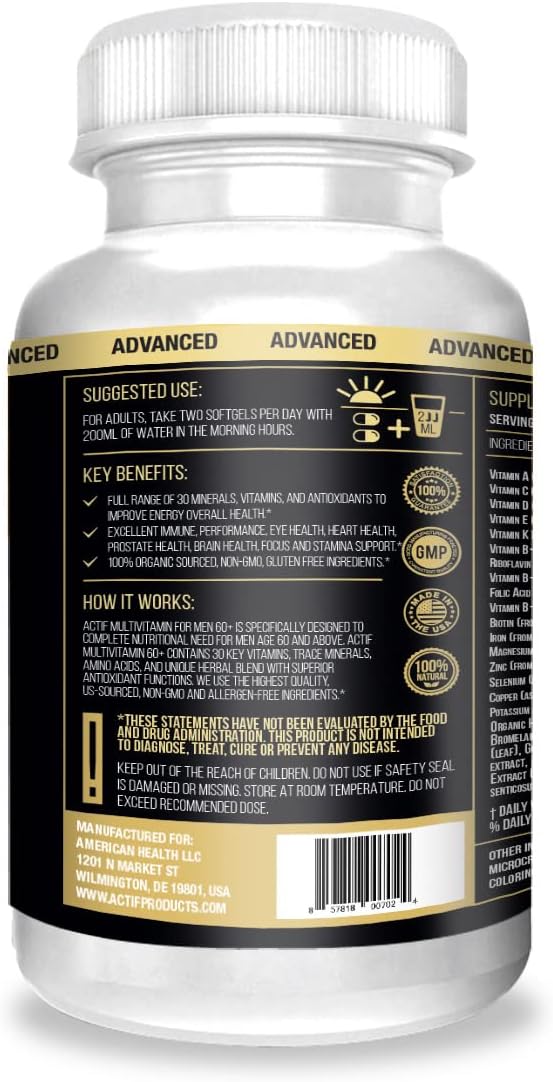 Actif Multivitamin for Men Age 60+ with 30 Organic Vitamins and Organic Herbs, Non-GMO, Made in USA, 120 Count : Health & Household