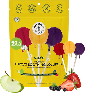 Kids Throat Soothing Lollipops By Beekeeper'S Naturals - Doctor Formulated Immune Support, Vitamin D & Honey, Under 2G Sugar, Clean Ingredients,15 Ct