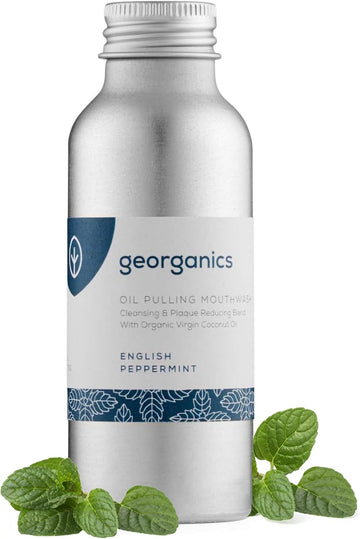 Georganics Whitening Oil Pulling Mouthwash - Peppermint - Plaque-Reducing Coconut Oil Blend - 100% Natural Ingredients - Sls, Glycerine & Fluoride Free - Cosmos Organic, Vegan & Cruelty-Free - 100Ml
