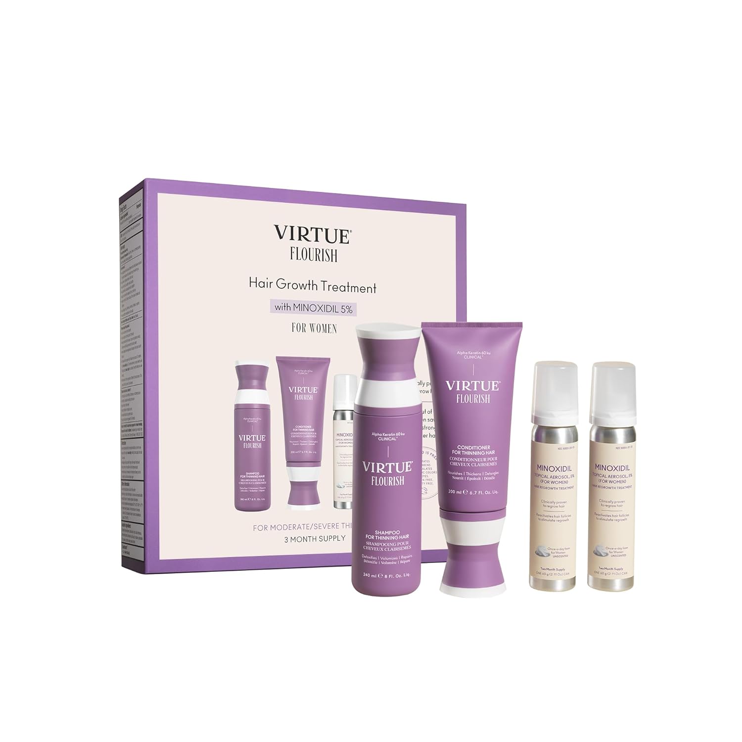 Virtue Flourish Hair Growth Regimen For Women With Minoxidil 5% Foam For Fine Or Thinning Hair, Sulfate Free, Color Safe