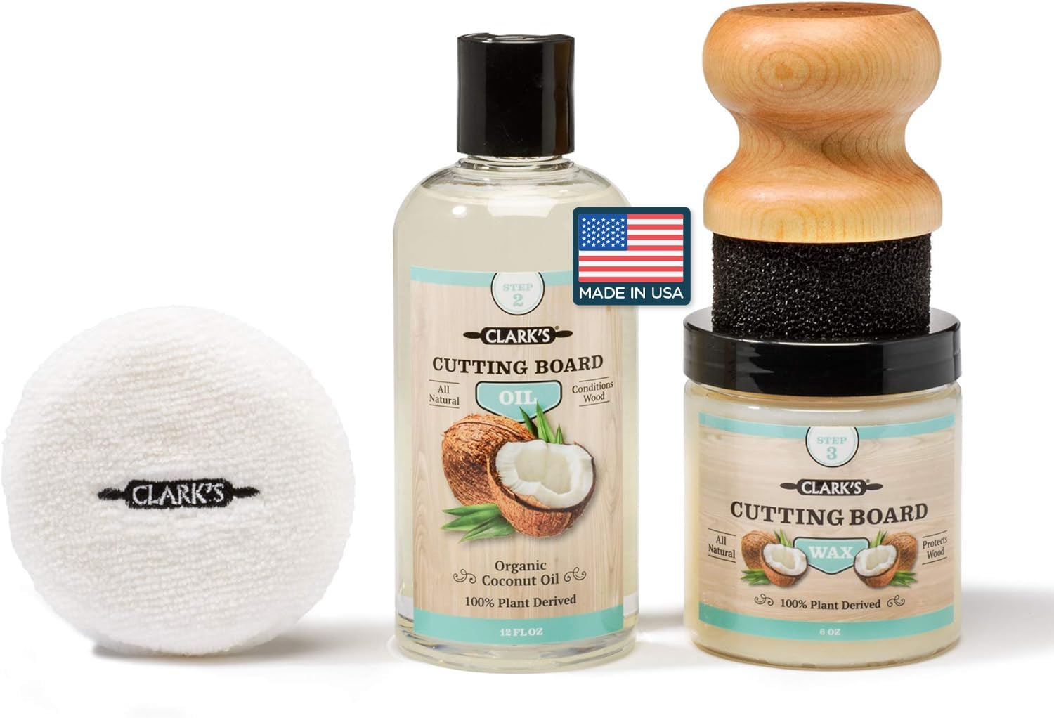 CLARK'S Coconut Cutting Board Oil and Wax Finishing Kit - Made with Refined Coconut Oil - Includes Oil (12oz), Cutting Board Wax (6oz), Small Applicator and Buffing Pad - Butcher Block Oil and Wax