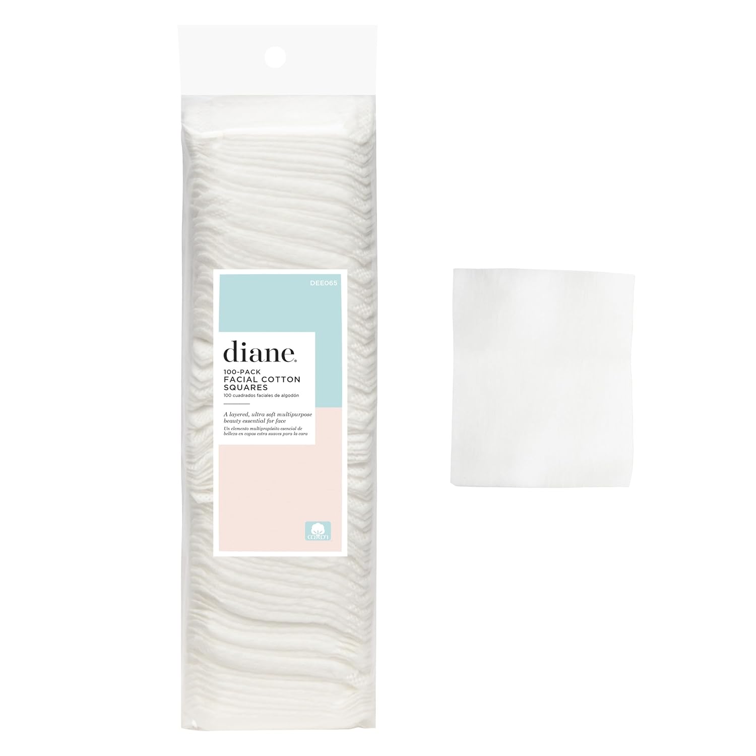 Diane Multi-Layer Cotton Facial Square Pads, 100 count, 100% Pure Cotton, Hypoallergenic, Biodegradable, Strong and Durable Makeup and Nail Polish Removal Wipes