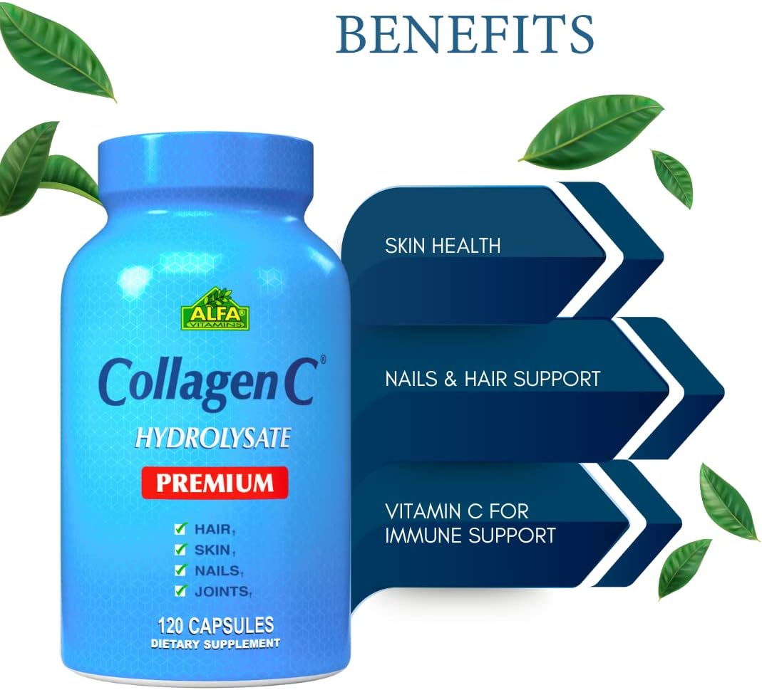Alfa Vitamins Collagenc Hydrolysate Premium Dietary Supplement With Vitamin C, Supports Skin, Hair, Nails & Bone Health, Enhances Collagen Production, Collagen Peptides For Rejuvenation,120 Capsules : Health & Household